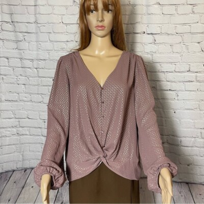 New Lush Rose Taupe With Golden Print Twisted Front Blouse Size XXL