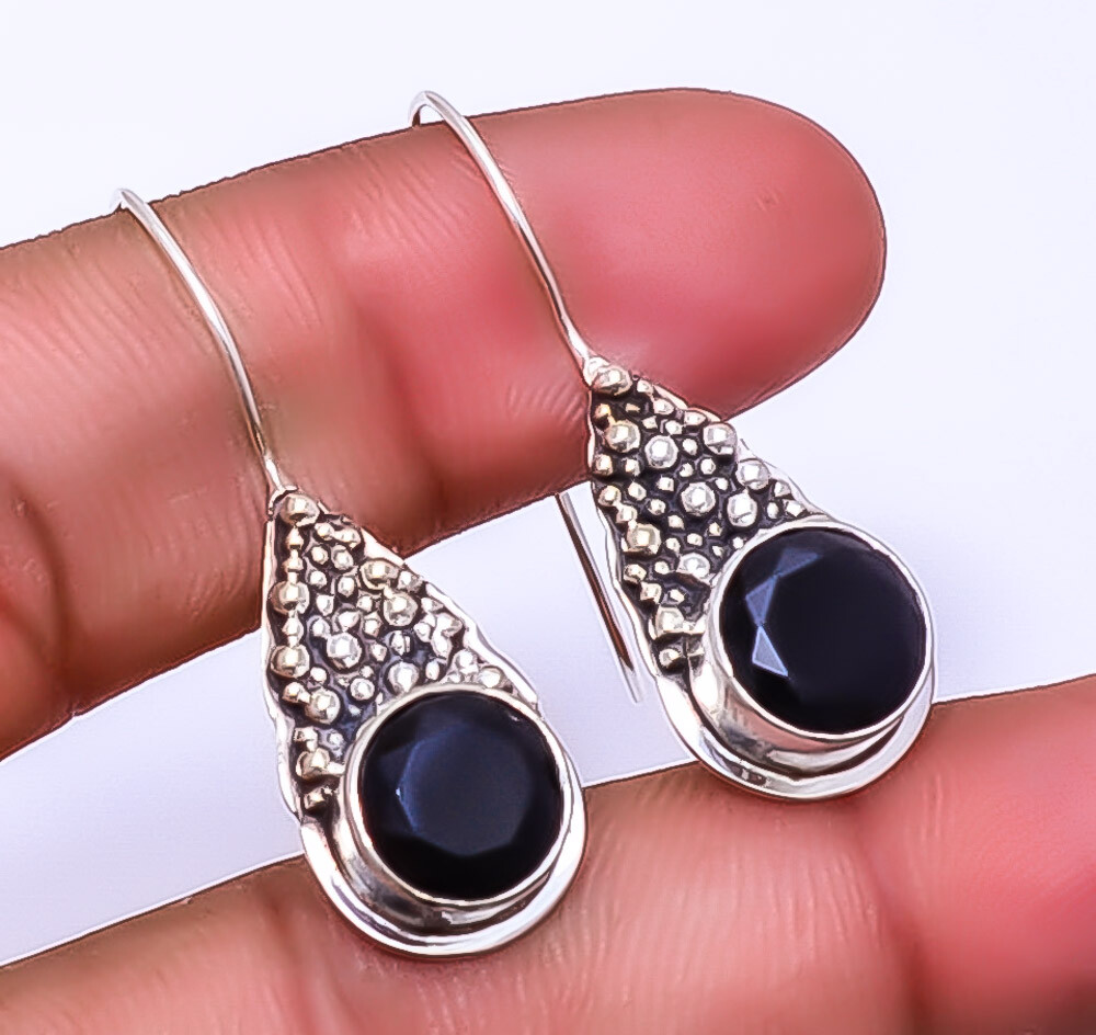 Black Onyx Handmade 925 Sterling Silver Earrings 1.56 Inches Elegant Designer Studs