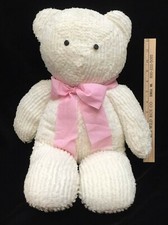 Vintage White Chenille Teddy Bear 20" Tall Button Eyes Pink White Checkered Bow