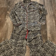 Vintage Victoria s Secret Pink Satin Pajamas Leopard Print Red Trim Women s Sz M