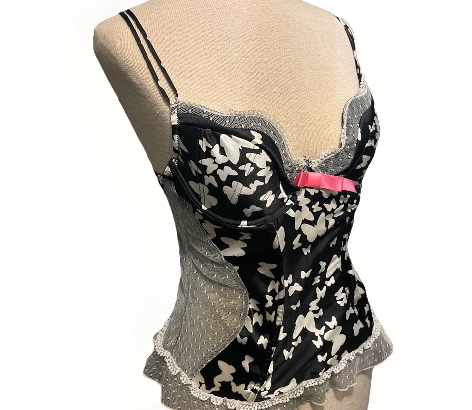 CORSÉ JEZABEL WISH BUSTIER 30805 NEGRO CON BLANCO MARIPOSAS ENCAJE ROSA 36B Foto 3 de 4