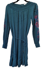 Fat Face Hove Embroidered Dress UK 12 Teal Green Boho Midi Casual