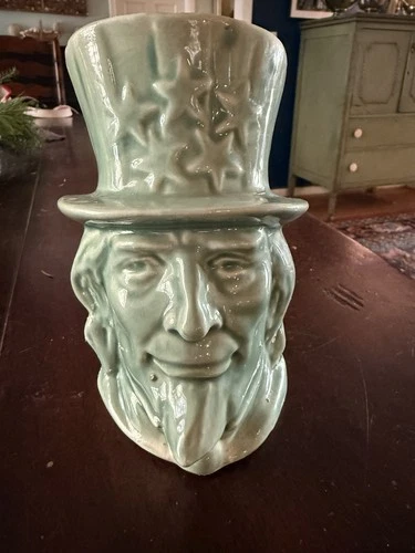 Vintage McCoy Glazed Blue/Green Ceramic Uncle Sam Hat Head Shaped Marked Planter