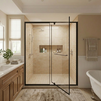 Goodyo 56 60'' Pivot Shower Door Black/Chrome,  Adjustable Frame, 27'' Wide Entry