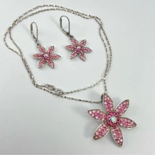 Stunning Pink Crystal Flower Jewelry Set Sterling Silver Chain Necklace,Earrings