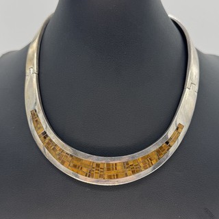 Taxco Mexico Tonos Sterling Silver Mosaic Tiger Eye Collar Necklace