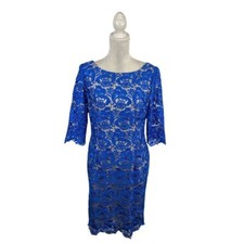 Eliza J Blue Lace Cocktail Sheath Dress Scalloped Hem Lined Bateau Neck Vback 12
