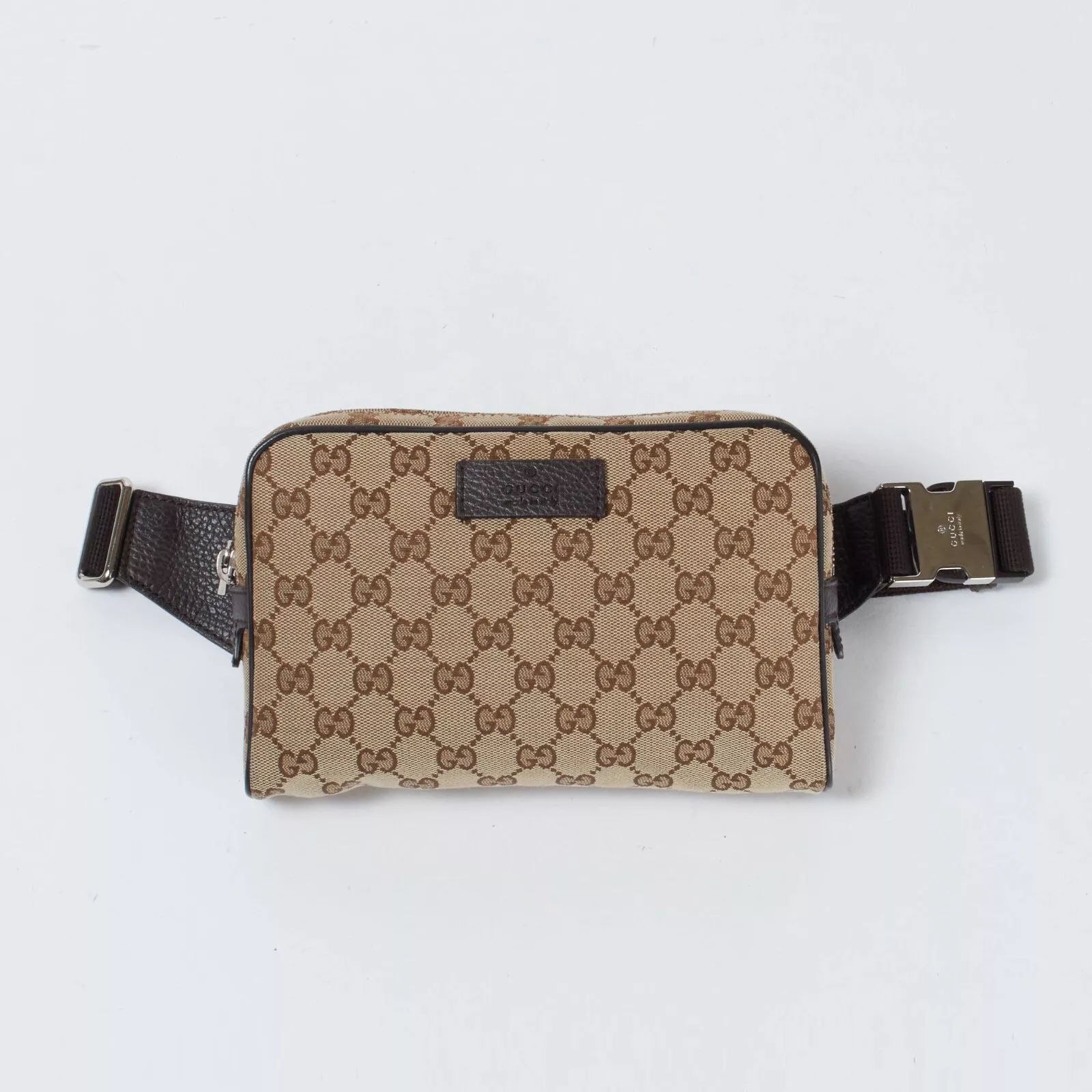 Gucci Body Bag Taille Sac GG Toile Cuir Marron Ceinture Sac Zip Petit