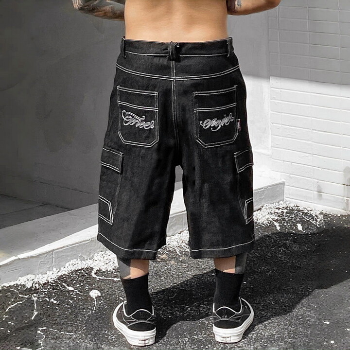 Mens Chicano Loose Denim Cargo Shorts Knee-Length West Coast