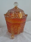 Fenton Marigold Carnival Glass Butteryfly & Berry Covered Sugar Bowl Claw Feet