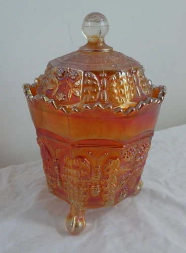 Fenton Marigold Carnival Glass Butteryfly & Berry Covered Sugar Bowl Claw Feet