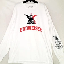 BUDWEISER Beer SHIRT Mens LARGE L WHITE PULLOVER BUD Distressed LONG SLEEVE NWT