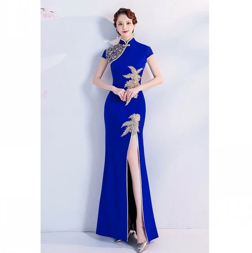Hochgeschlitztes chinesisches Qipao-Damenkleid Cheongsam Stickerei Abschlussball Abend Party - Bild 7 von 17
