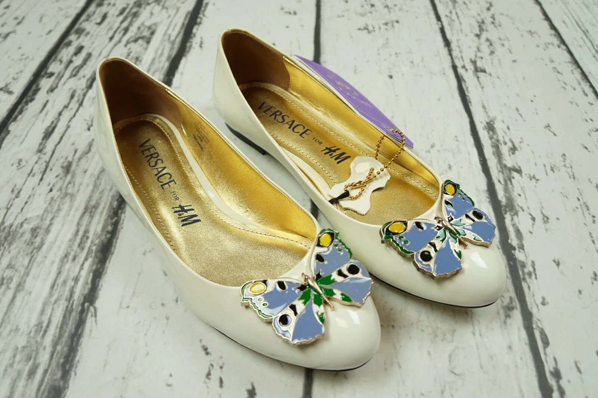 VERSACE H M WHITE BUTTERFLY LEATHER BALLET FLATS SHOES SCHUHE