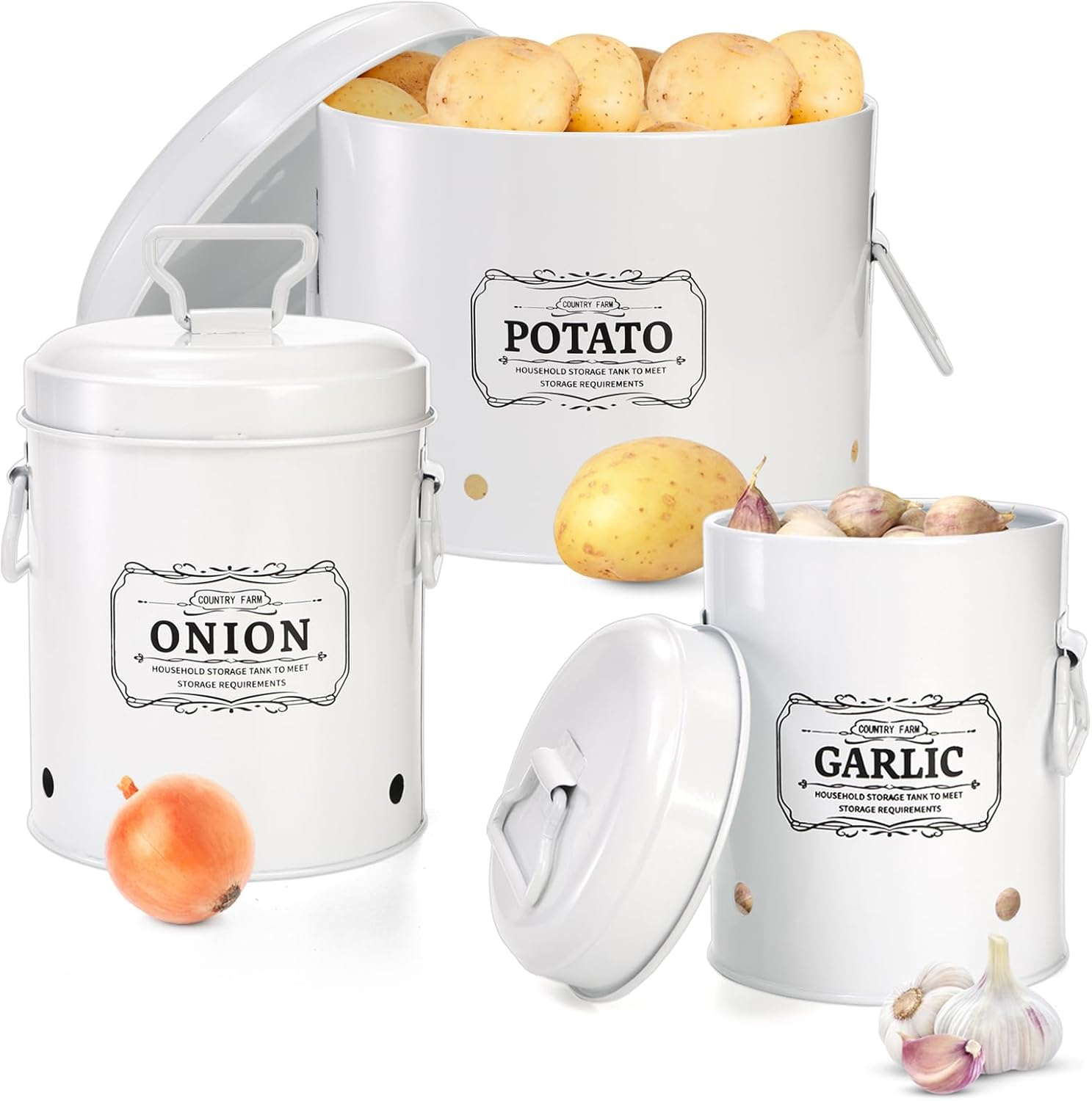 Set of 3 Vegetable Storage Tins, Metal Potato Onion Garlic Storage Bin, Kitchen