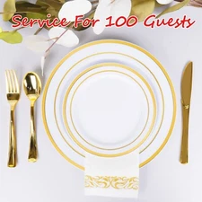 600 Piece Gold Dinnerware Set for 100 Guests, Disposable for Party