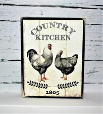 Country Kitchen Rooster Hen Farmhouse Rustic Wood Block Shelf Sitter 3.5X4.5