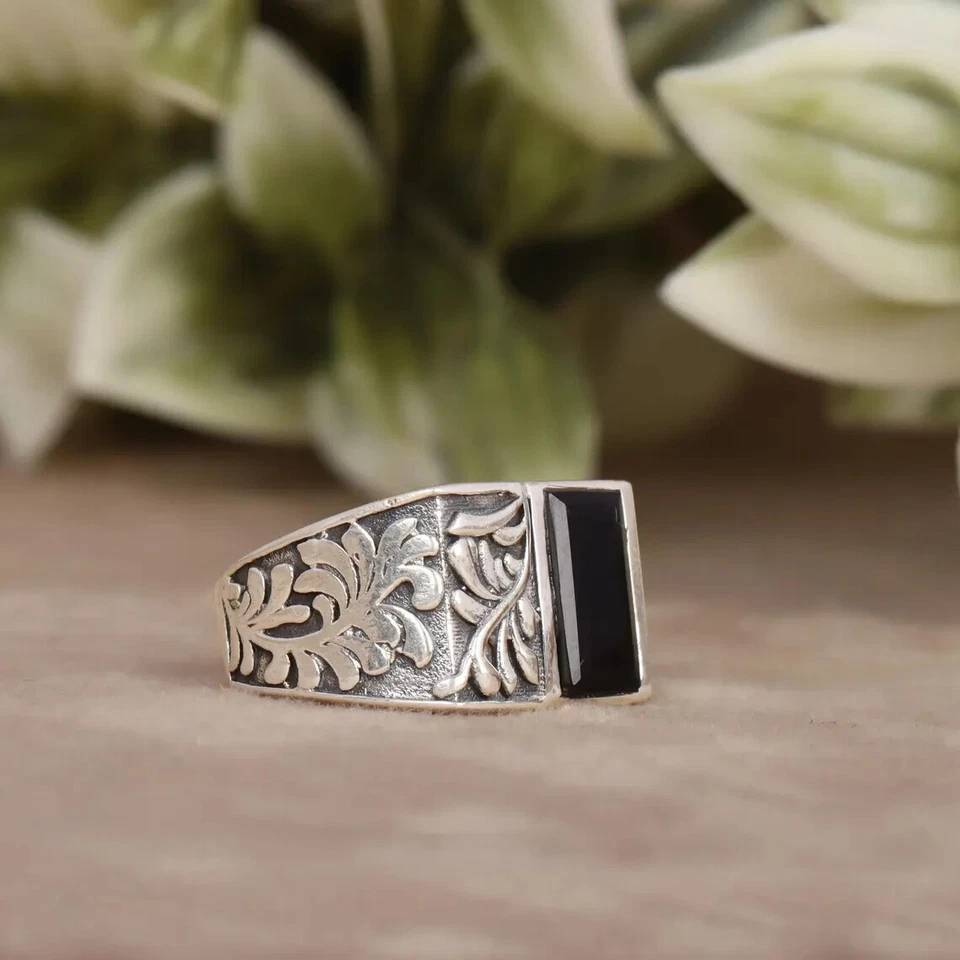Onice Nera Anello, Uomo 925 Argento Sterling,Anello Sigillo,Natura Anello,Regalo - Immagine 2 di 4