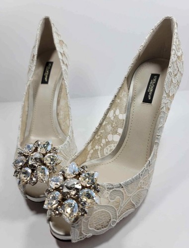 DOLCE & GABBANA Shoes Nude Lace Crystal Heels Pumps EU 37/US7 Run Like 36/6 - Picture 6 of 6