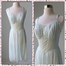1950s Vanity Fair Pale Blue Swiss Dot Tricot Nylon Lace Fit Flare Nightgown 32