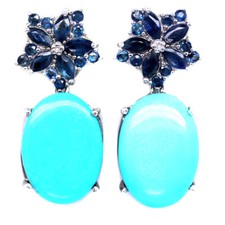 Gemstone 15 x 21 MM. Blue Turquoise  Sapphire Earrings 925 Sterling Silver