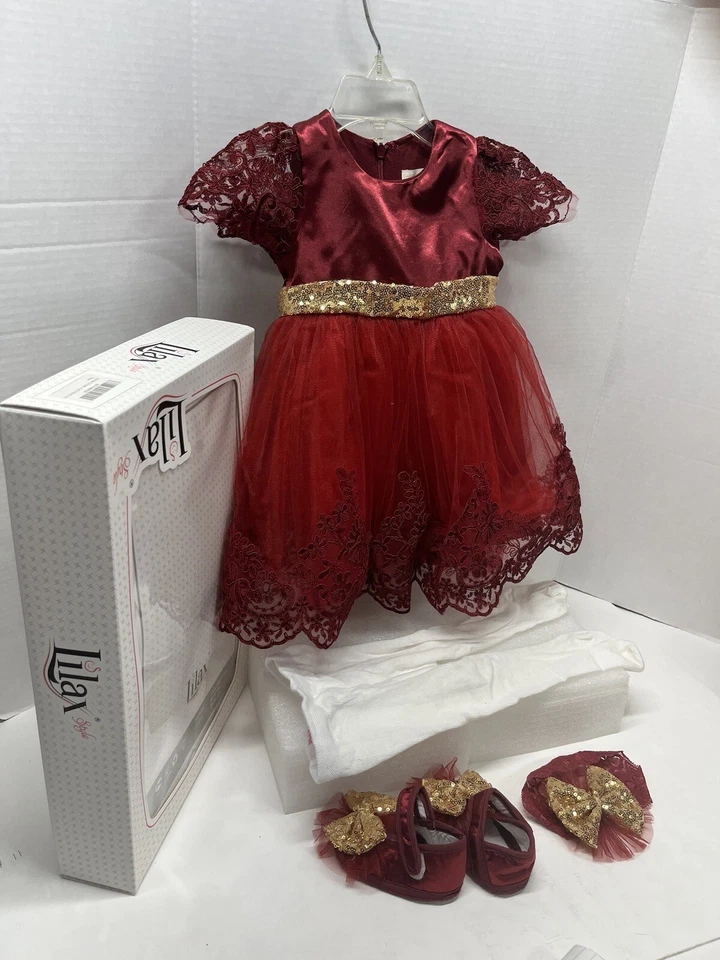NEWBORN BABY GIRL BURGUNDY DRESS SET WITH SHOES AND SOCKS. LACE DRESS - Image 4 of 4