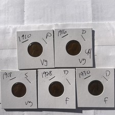 5- Wheat Pennies 1910p,1916d,1918s,1928d,1930d