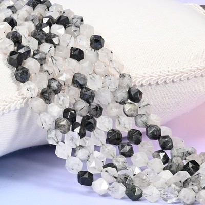 Black Rutilated Quartz Diamond Star Cut Beads 6mm 8mm 10mm 15.5 Inch Strand