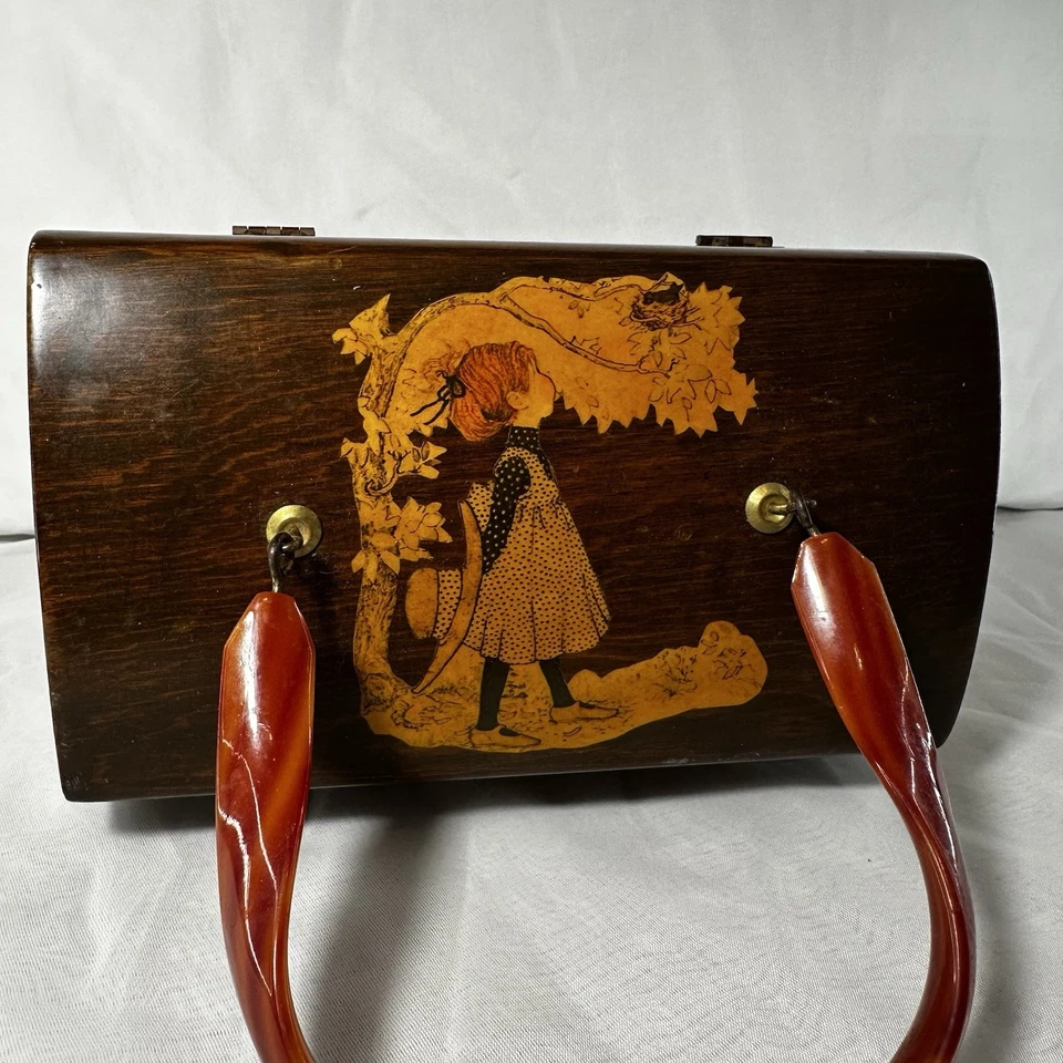 Vintage 60's Purse Wood Box Girl & Cat Handbag Brown Brass Closure Lucite Handle - Image 2 of 4