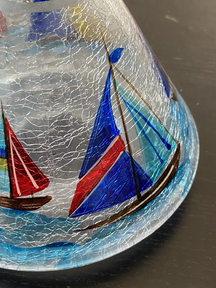 Yankee Candle Crackle Glass Shade Sailboats Hand Painted Blue Red Yellow Vtg - Image 3 of 4