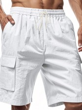 Mens Cargo Shorts Casual Work Drawstring Linen Multi Pocket Tactical Relaxed Fit