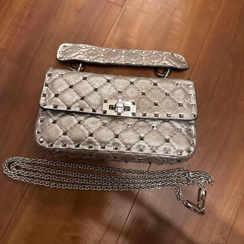 VALENTINO GARAVANI Rockstud Spike Shoulder Bag Silver Leather Women's Handbag