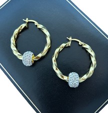 Twist Hoop Earrings 40mm Twisted Creole 9ct Gold Filled Rhinestone Crystal Balls