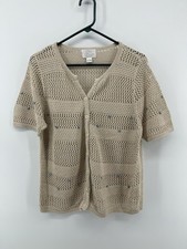 Christopher Banks Hand Embroidered Knit Cardigan Sweater Large Tan Blue Stones