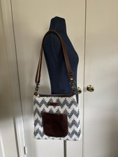 MYRA Crossbody Shoulder Bag Blue Denim Woven Cotton  Brown Leather Pocket