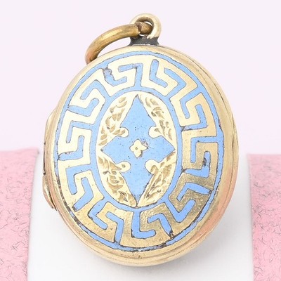 Antique Victorian Eternity Knot BLUE Enamel Yellow Gold Filled Pendant Locket