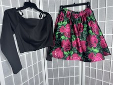 Sherri Hill Black Two Piece Dress Long Sleeve Floral Lace Crop Mini Skirt Sz 4