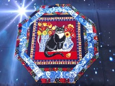 Handmade Quilted table topper octagon Black Cat with flowers Oriental Feline 3