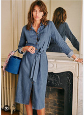 Sézane Blue Denim Midi Shirt Dress EU 42 Collared Long Sleeve Button Front Belt