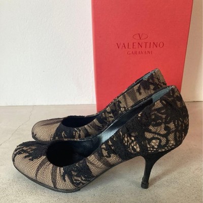 VALENTINO GARAVANI Women Rockstud Lace Pumps Black Leather Heel Size36.5