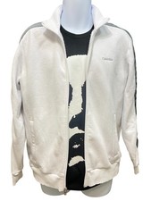 Calvin Klein Men  s Full  Zip Sweater Medium White w/ Gray Stripe 119 NEW