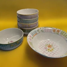 6 Pc Noble Excellence CEREAL SOUP SALAD BOWLS & SERVING BOWL BUTTERFLY QUILT