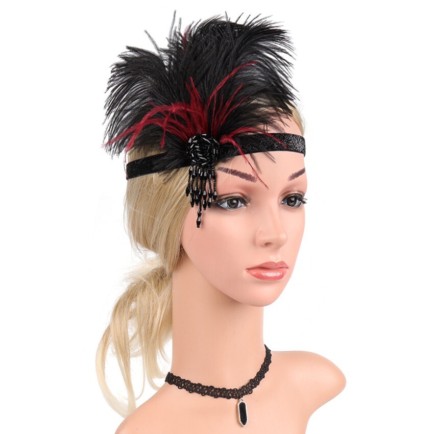 Burgundy Black Great Gatsby Headpiece Flapper 20s Costume Headband Feather