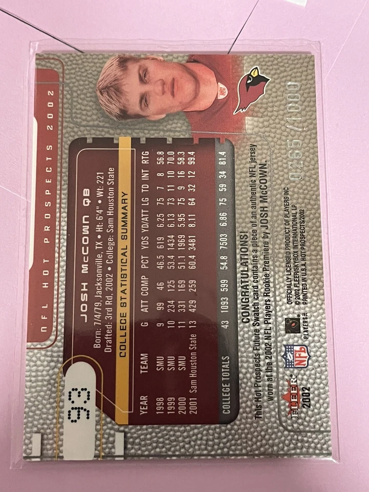 2002 Hot Prospects Football #93 Josh McCown Rookie Relic /1000 Future Swatch - Image 2 of 3