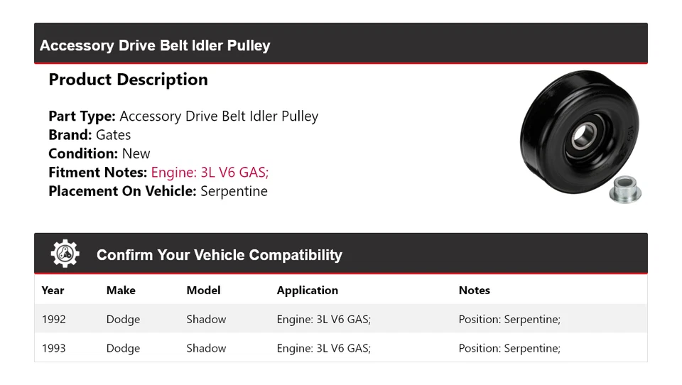 适用于 1992 - 1993 道奇 Shadow 3L V6 气体驱动皮带空转滑轮蛇形门 — 第 2/4 张图片