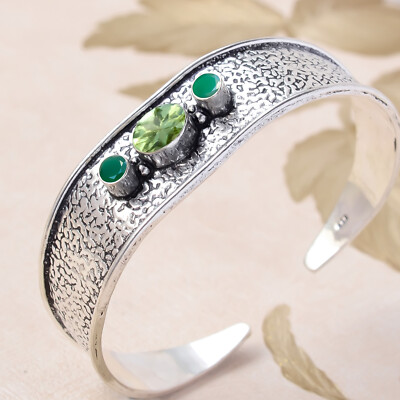 Faceted Peridot & Green Onyx Gemstone 925 Sterling Silver Cuff Bangle For Her