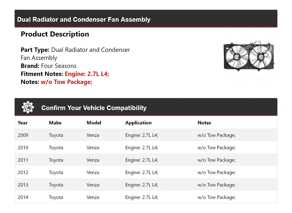 Conjunto de ventilador condensador y radiador doble para Toyota Venza 2009-2014 4 estaciones Foto 2 de 4