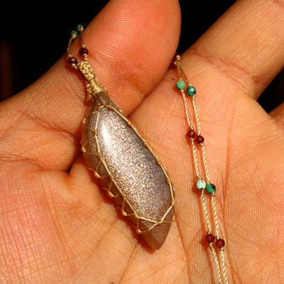 Handcrafted Natural Golden Flash Sunstone Micro Macrame Beaded Gemstone Necklace