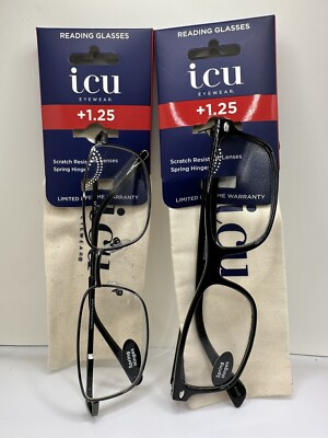 ICU - 1.25 Reading Glasses - Black Plastic Or Medal Frame- Scratch Resistant