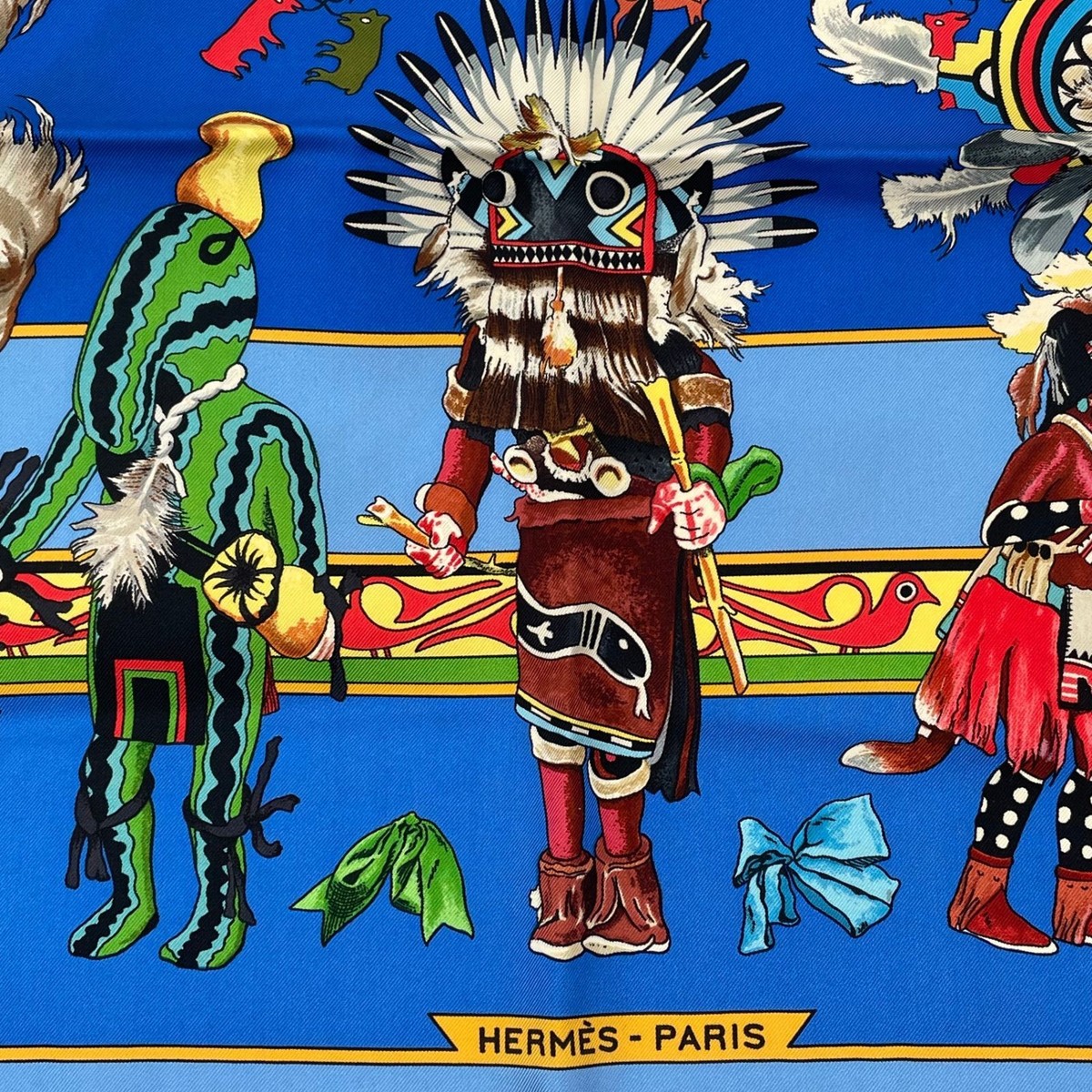 HERMES Carre 90 Kachinas Native American Indian Hopi 100% Silk